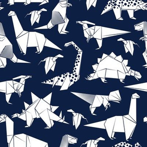 Small scale // Origami dino friends // oxford blue background white paper dinosaurs
