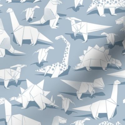 Small scale // Origami dino friends // pastel blue background white paper dinosaurs