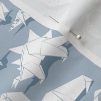 Small scale // Origami dino friends // pastel blue background white paper dinosaurs