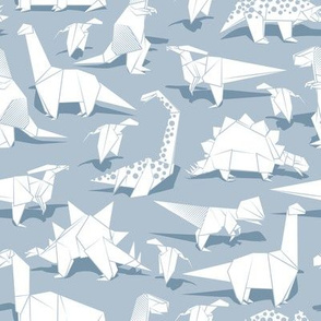 Small scale // Origami dino friends // pastel blue background white paper dinosaurs