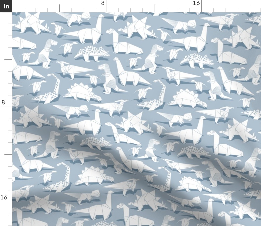 Small scale // Origami dino friends // pastel blue background white paper dinosaurs