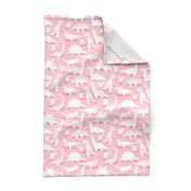 Small scale // Origami dino friends // pastel pink background white paper dinosaurs