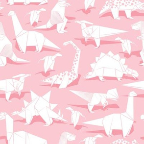 Small scale // Origami dino friends // pastel pink background white paper dinosaurs