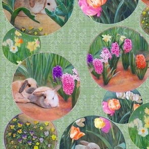 12x12-Inch Repeat of Bunnies and Flowers, Circles on Light Green