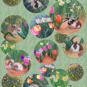 12-inch Repeat of Bunnies and Flowers, Circles on Light Green