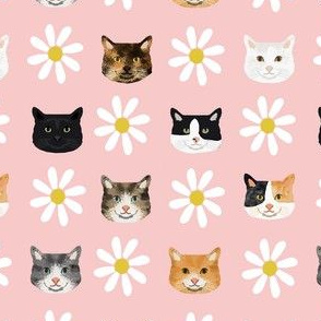 cat daisy floral heads pet lover fabric pink