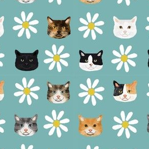 cat daisy floral heads pet lover fabric blue