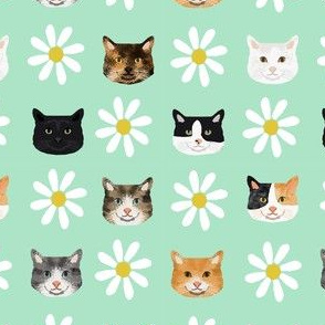 cat daisy floral heads pet lover fabric mint