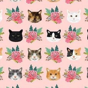 cat floral heads pet lover fabric pink