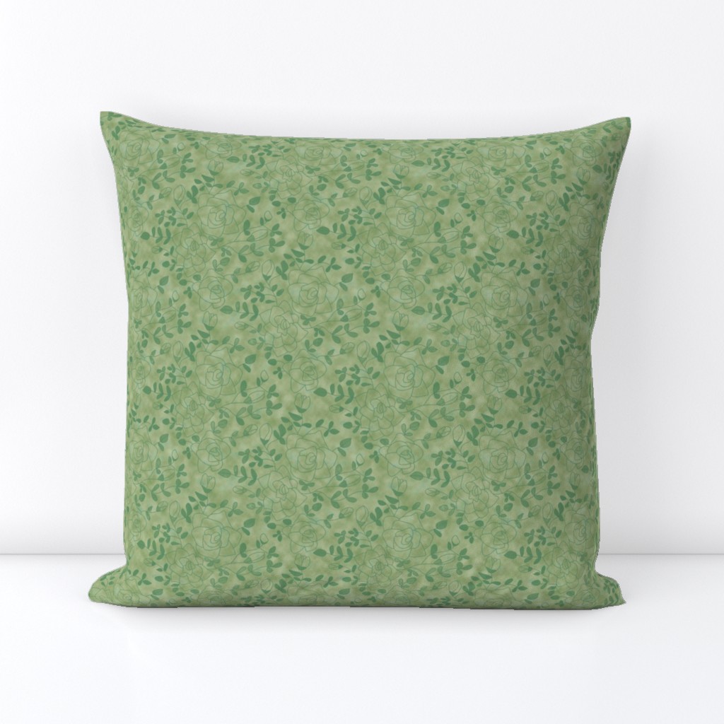 Rose Outlines and Leaves on Mottled Green