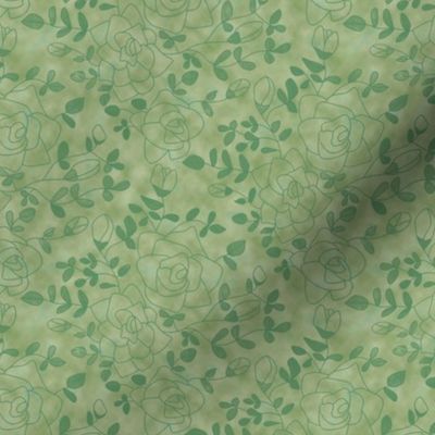 Rose Outlines and Leaves on Mottled Green