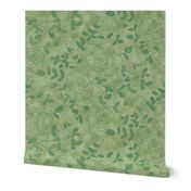 Rose Outlines and Leaves on Mottled Green