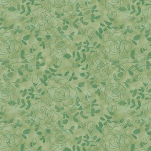 Rose Outlines and Leaves on Mottled Green