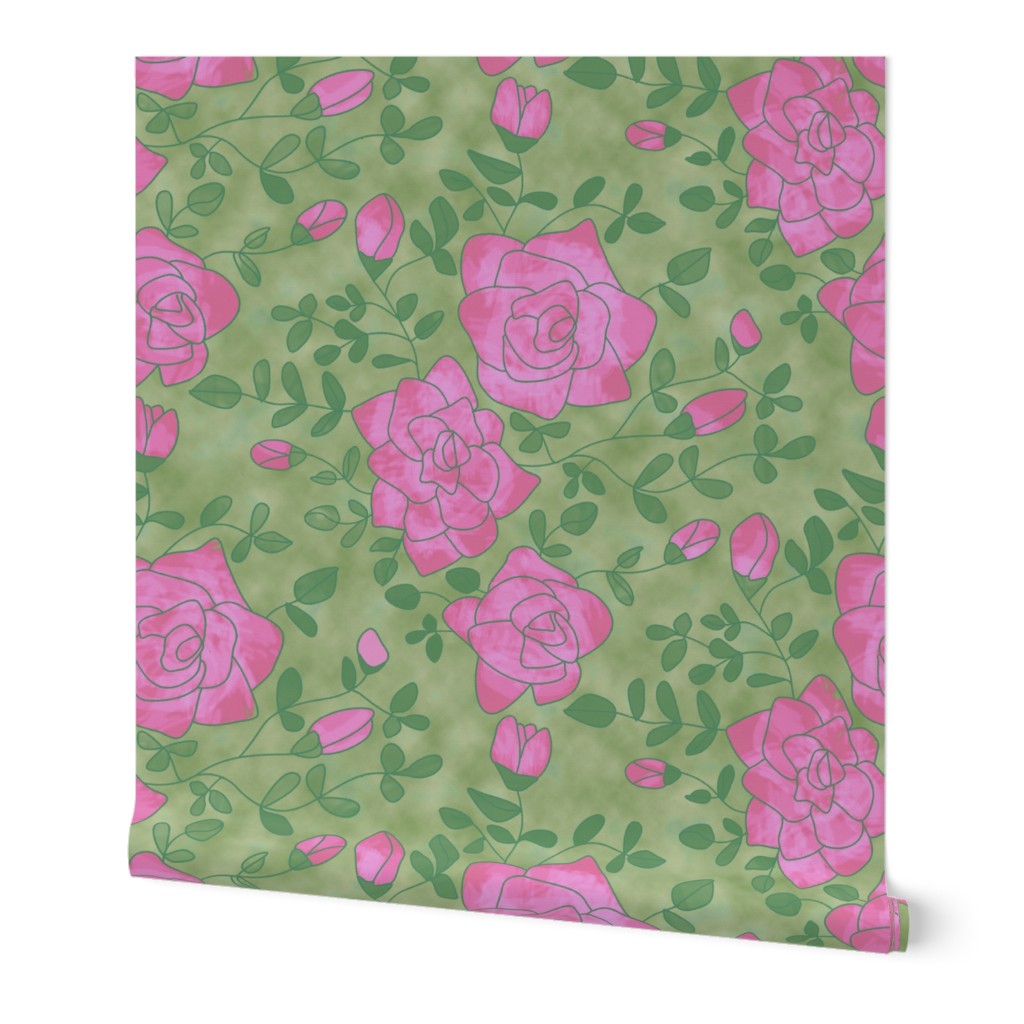 Pink Roses on Mottled Green