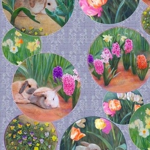 12x12-Inch Repeat of Bunnies and Flowers, Lavender Blue Background