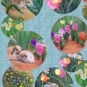 12x12-Inch Repeat of Bunnies and Flowers, Circles on Sky Blue Background