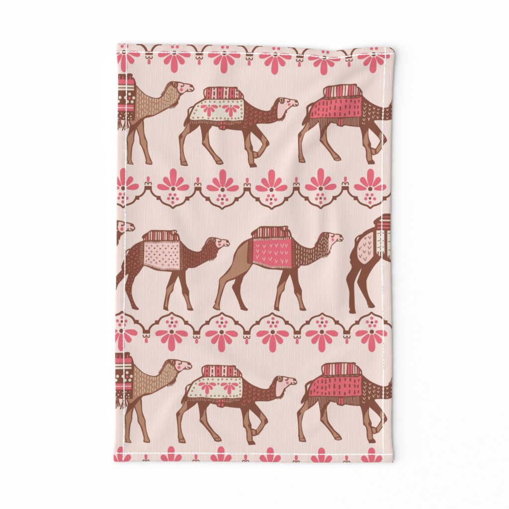 Marrakesh camels in a line pink and brown