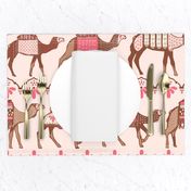 Marrakesh camels in a line pink and brown