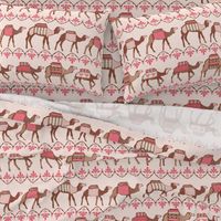 Marrakesh camels in a line pink and brown