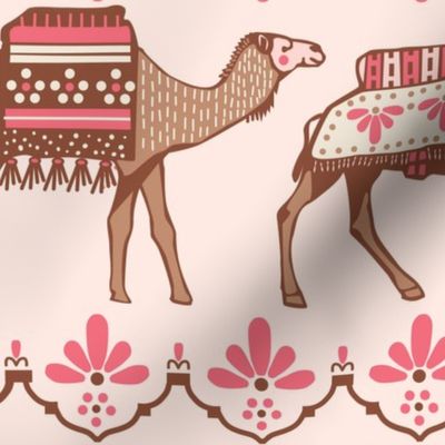 Marrakesh camels in a line pink and brown