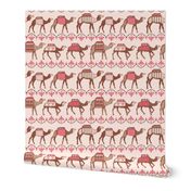 Marrakesh camels in a line pink and brown