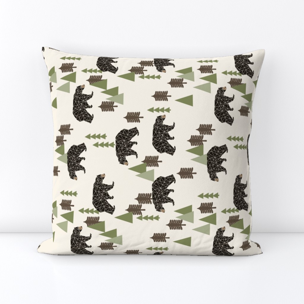 camping bear (RR)// avocado green cream vintage camping cute bear trees forest woodland