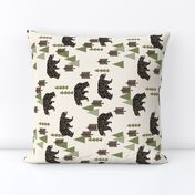 camping bear (RR)// avocado green cream vintage camping cute bear trees forest woodland