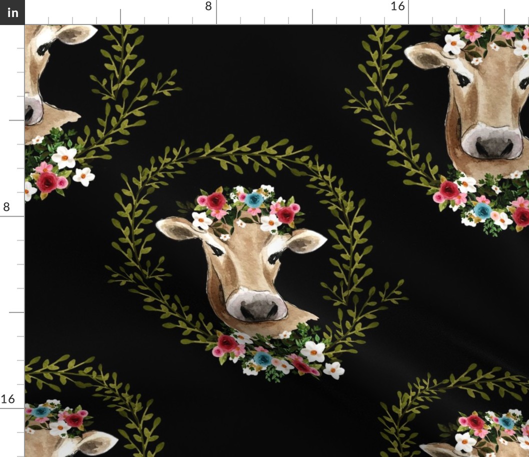 18" Floral Cow - Black