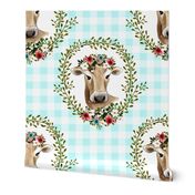 4" Floral Cow - Blue Gingham