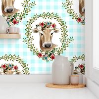 4" Floral Cow - Blue Gingham