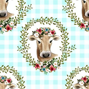 8" Floral Cow - Blue Gingham