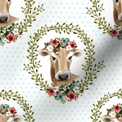 8" Floral Cow - Blue Polka Dots