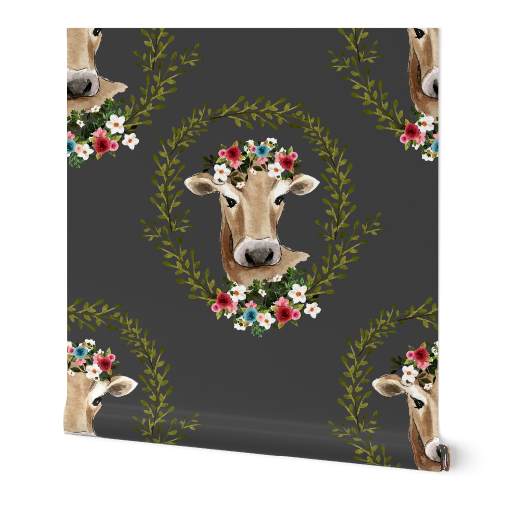 4" Floral Cow - Dark Grey