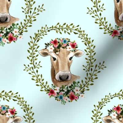 8" Floral Cow - Light Aqua