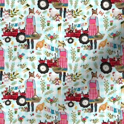 4" Floral Farm Life - Light Blue Gingham