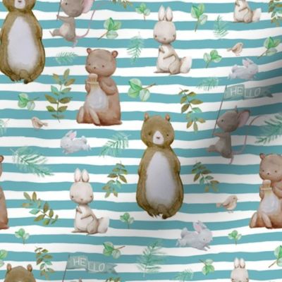 8" Hello Forest Animals - Muted Aqua Stripes