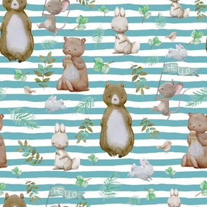 8" Hello Forest Animals - Muted Aqua Stripes