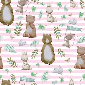 8" Hello Forest Animals - Pink Stripes