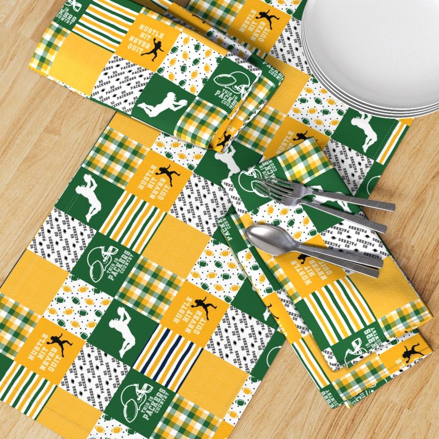 3 inch Football//Hustle Hit Never Quit - Packers - Wholecloth Cheater Quilt - Rotated