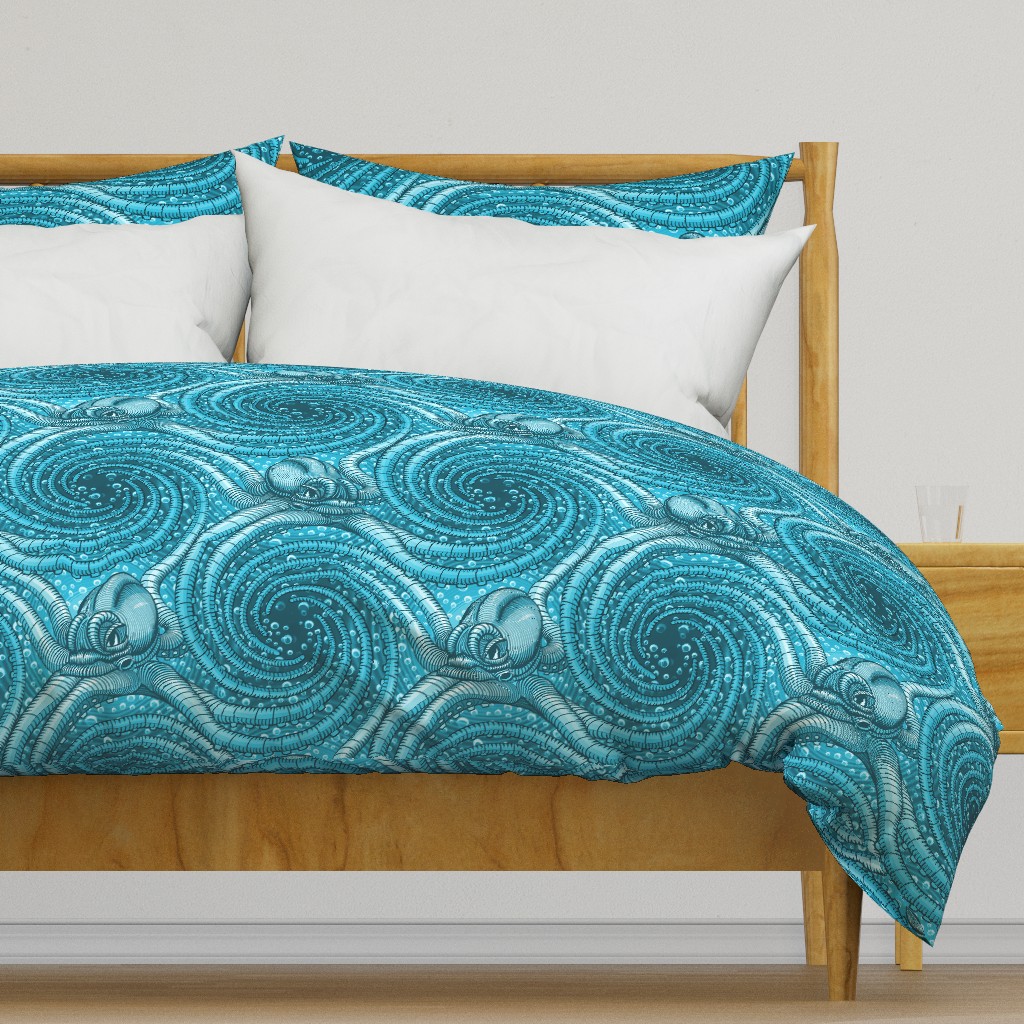 ★ KRAKEN ' ROLL ★ Monochrome Teal Blue - Jumbo Scale / Collection : Kraken ' Roll – Steampunk Octopus Print