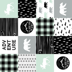 Happy camper patchwork wholecloth - woodland mint,grey, and black (90)