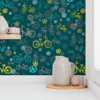 Bicycles wheels and mechanical parts // pastel bikes on green background