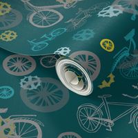 Bicycles wheels and mechanical parts // pastel bikes on green background