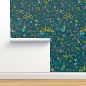 Bicycles wheels and mechanical parts // pastel bikes on green background