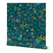 Bicycles wheels and mechanical parts // pastel bikes on green background