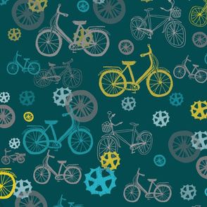 Bicycles wheels and mechanical parts // pastel bikes on green background