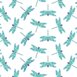 Tribal Blue/Green Dragonflies on White