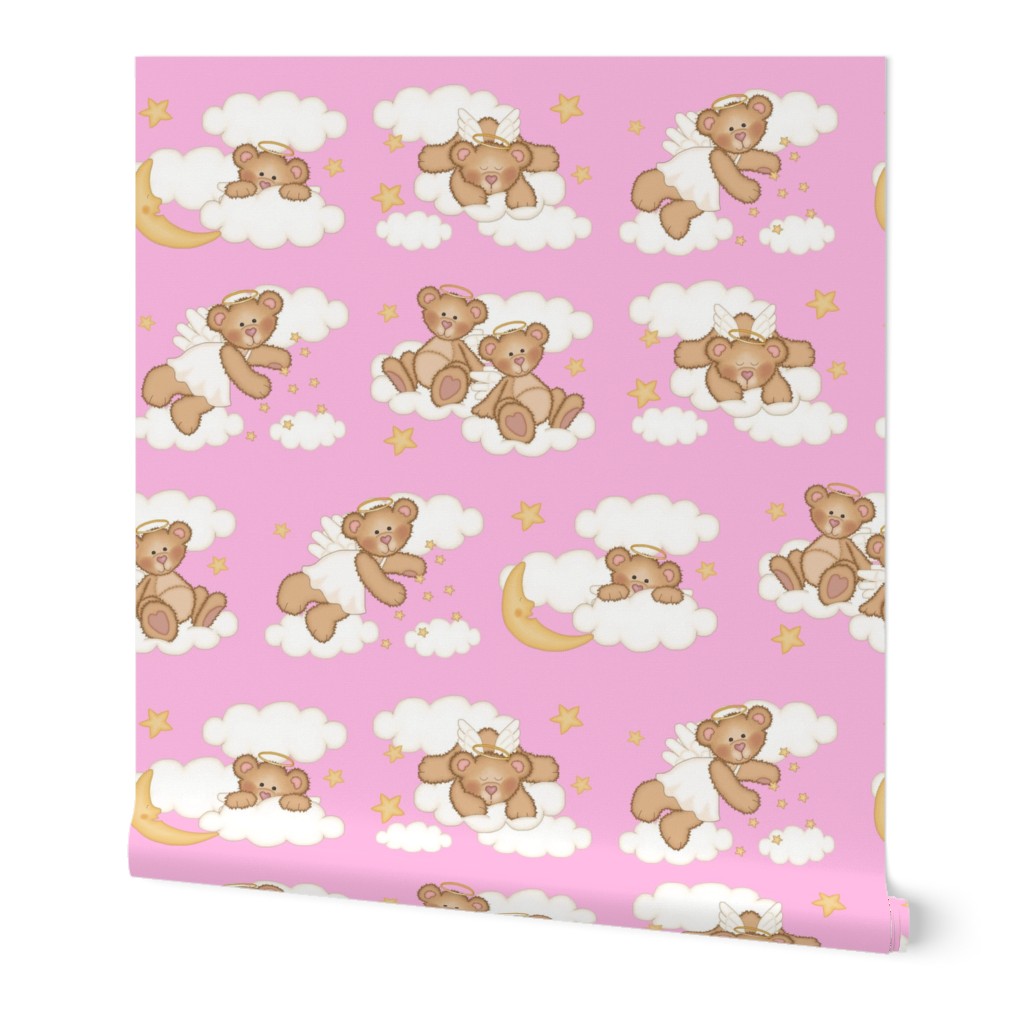 Angel Bear Moon Star Cloud Nursery Pink Girl