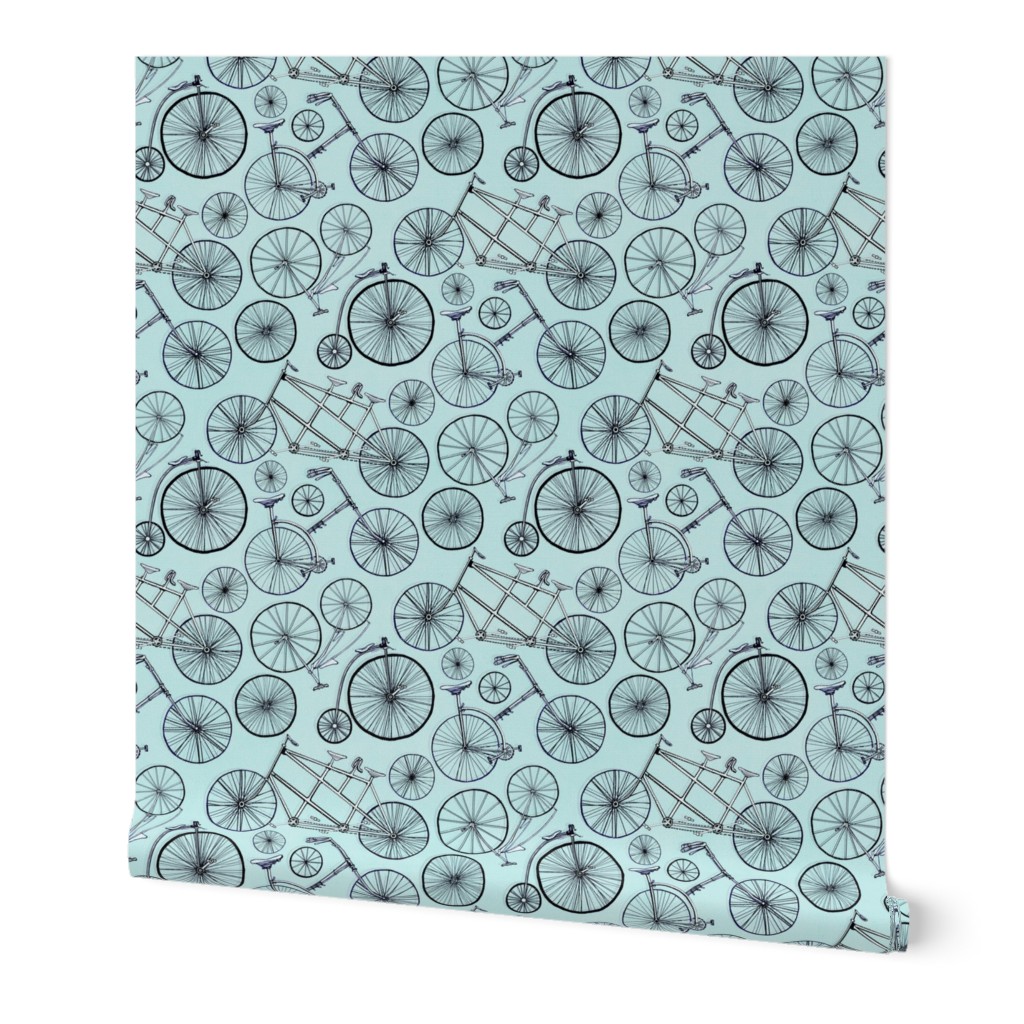 Monochrome Vintage Bicycles On Baby Blue - Big