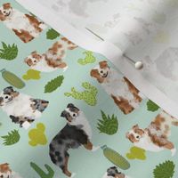 australian shepherds (smaller scale) dog cute cactus fabric mint dogs blue merle red merle dog fabric cute aussie dog gift fabrics